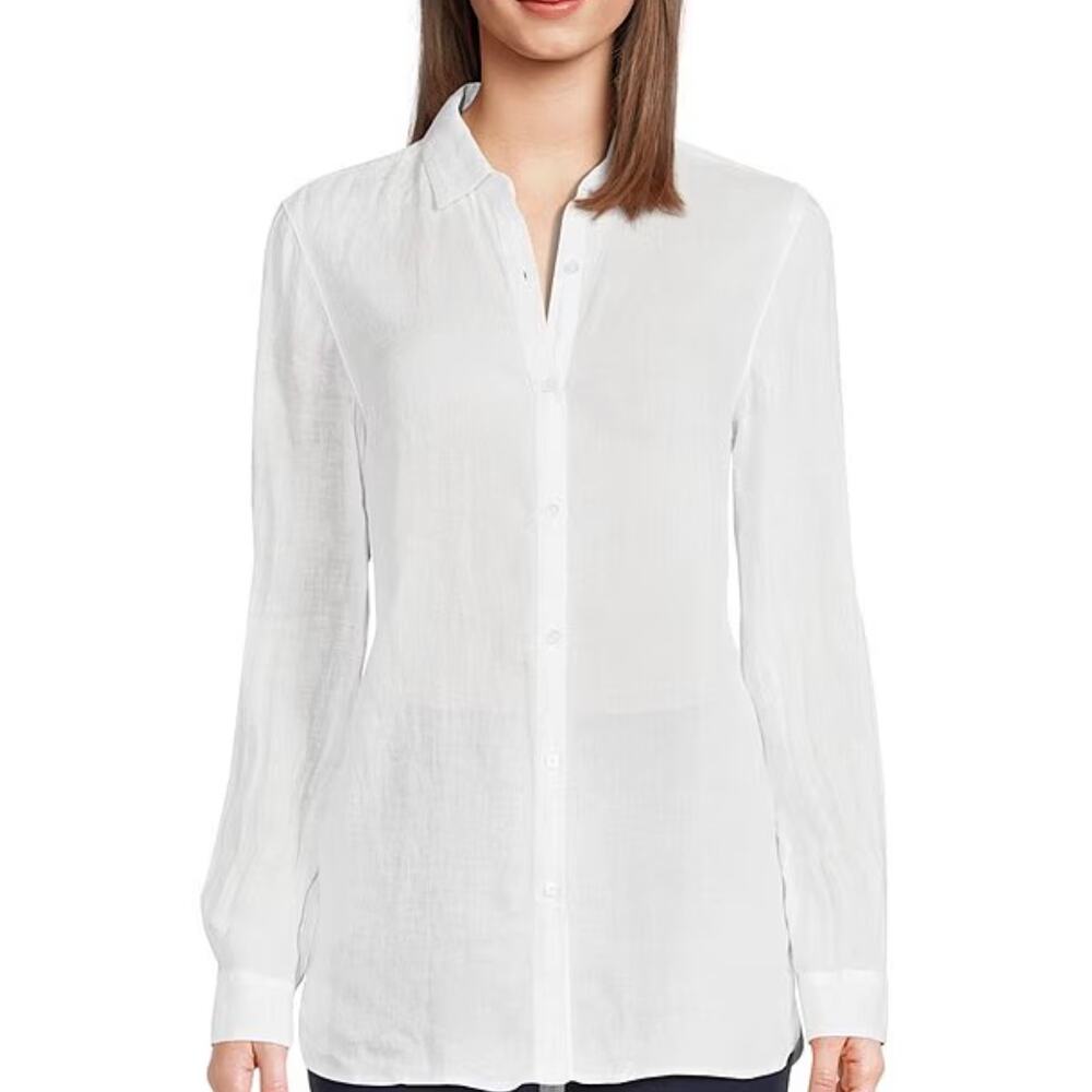 J.McLaughlin Womens L White Britt Linen Point Collar Button Front Blouse NWT